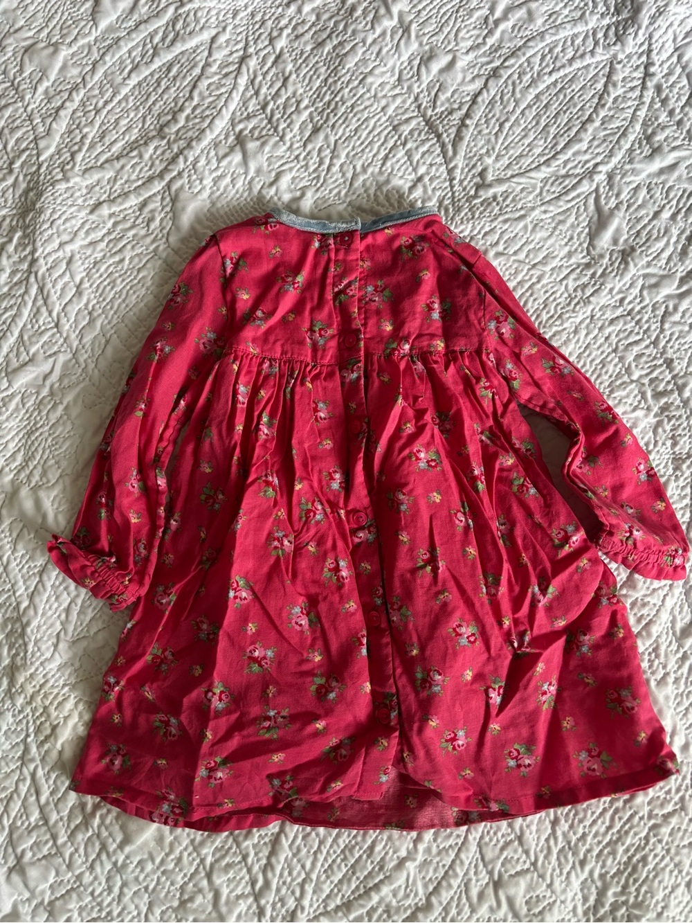 Baby Boden Hot Pink Floral Smocked Long Sleeve Dress with Blue Velvet Trim - Picture 5 of 5